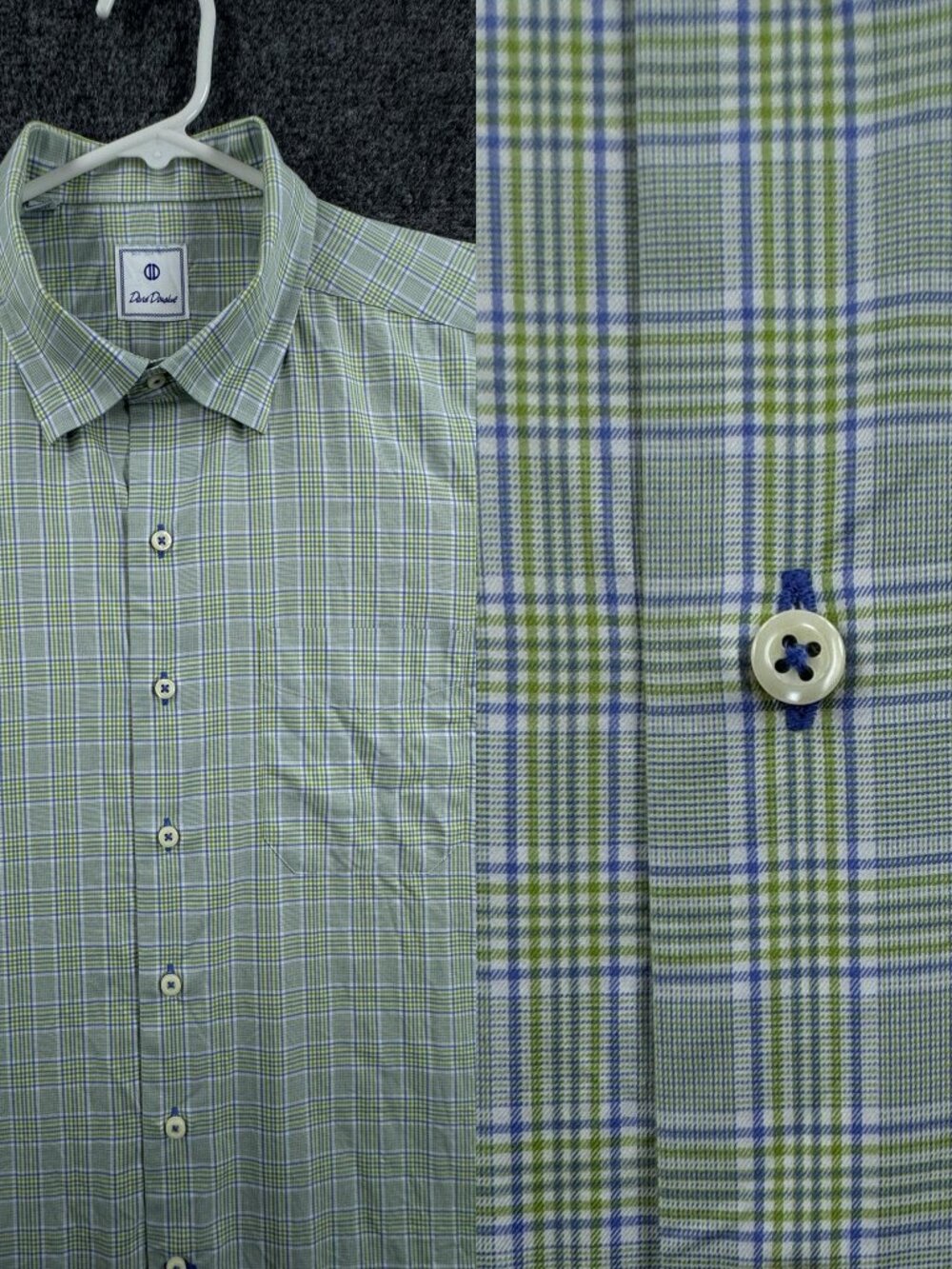 David Donahue Logo 2XL Button-Down Plaid Green Blue Men Long Sleeve Business
